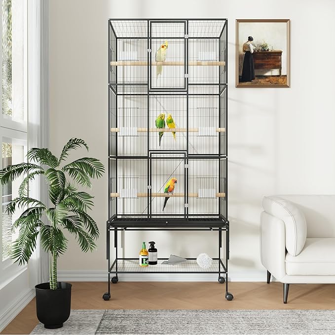 Extra Large Bird Cage, 69'' Metal Parrot Flight Cage with Storage Shelf & Pull-Out Tray for Mid-Sized Parrots Parakeets, Canaries, Finches, Cockatiels, Lovebirds