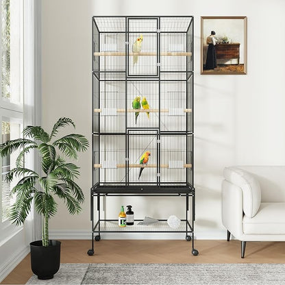 Extra Large Bird Cage, 69'' Metal Parrot Flight Cage with Storage Shelf & Pull-Out Tray for Mid-Sized Parrots Parakeets, Canaries, Finches, Cockatiels, Lovebirds