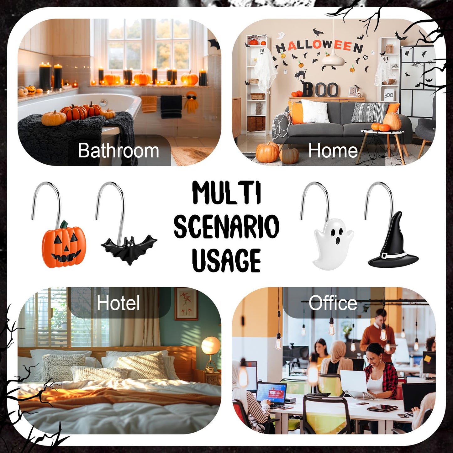 Yungyan 12 Pcs Halloween Ghost Shower Curtain Hooks Pumpkin Curtain Hangers Bat Witch Decorative Rings Accessories for Halloween Bathroom Restroom Decor