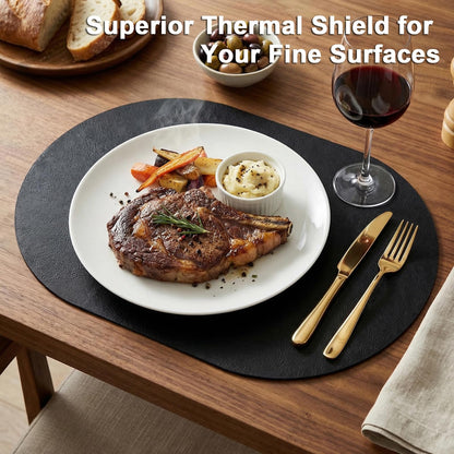 BIPASION Oval Placemats 2mm Ultra Thick Faux Leather Table Mats, Heat Resistant Waterproof Wipeable Dining Mats for Kitchen Table, Set of 8, Black