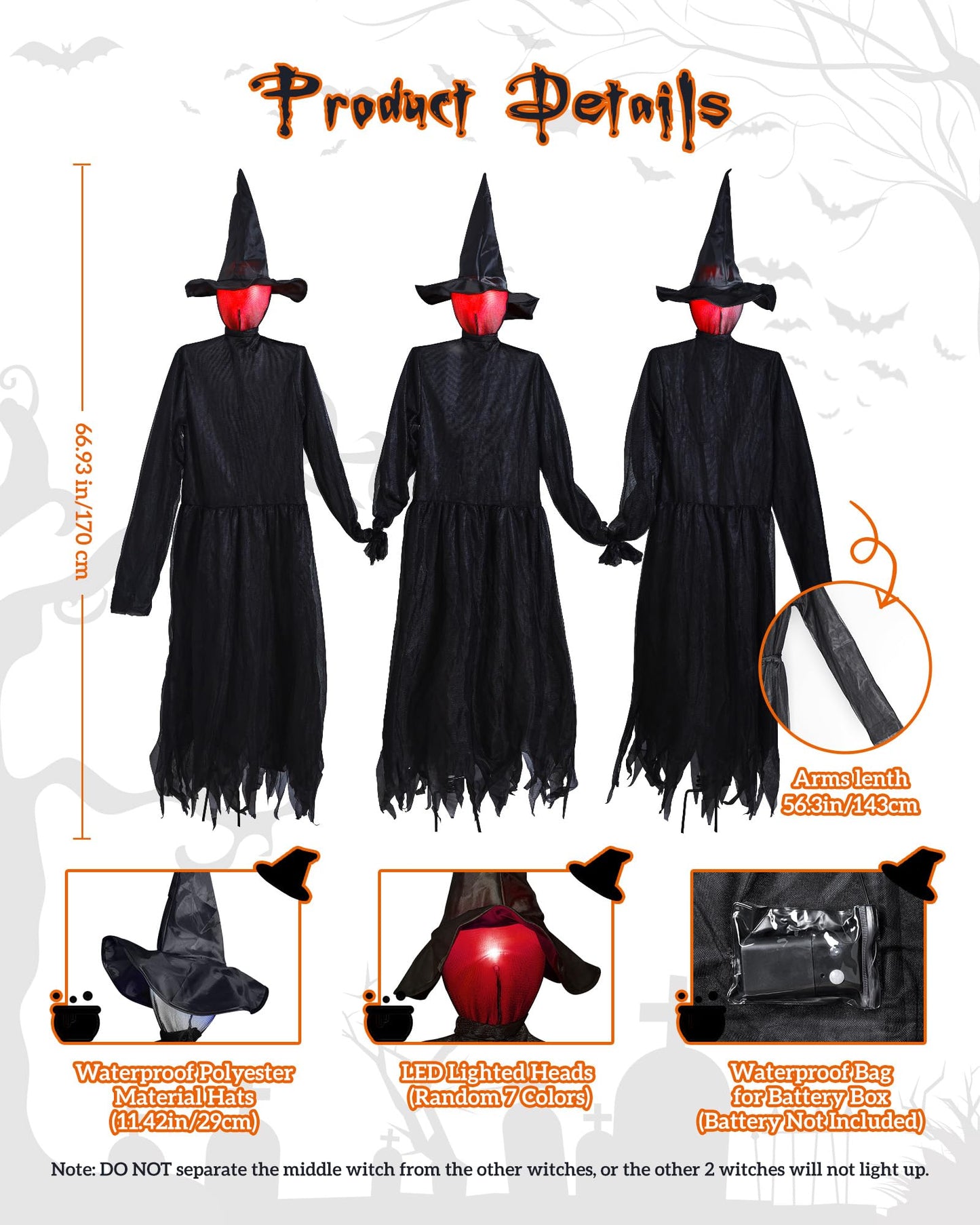 Halloween Decorations Outdoor 3PCS Light Up Witches Holding Hands Witches with Stakes, Scary Screaming Witches with Glowing Face, Creepy Halloween Party Props Decor for Yard Garden Outside Lawn Porch