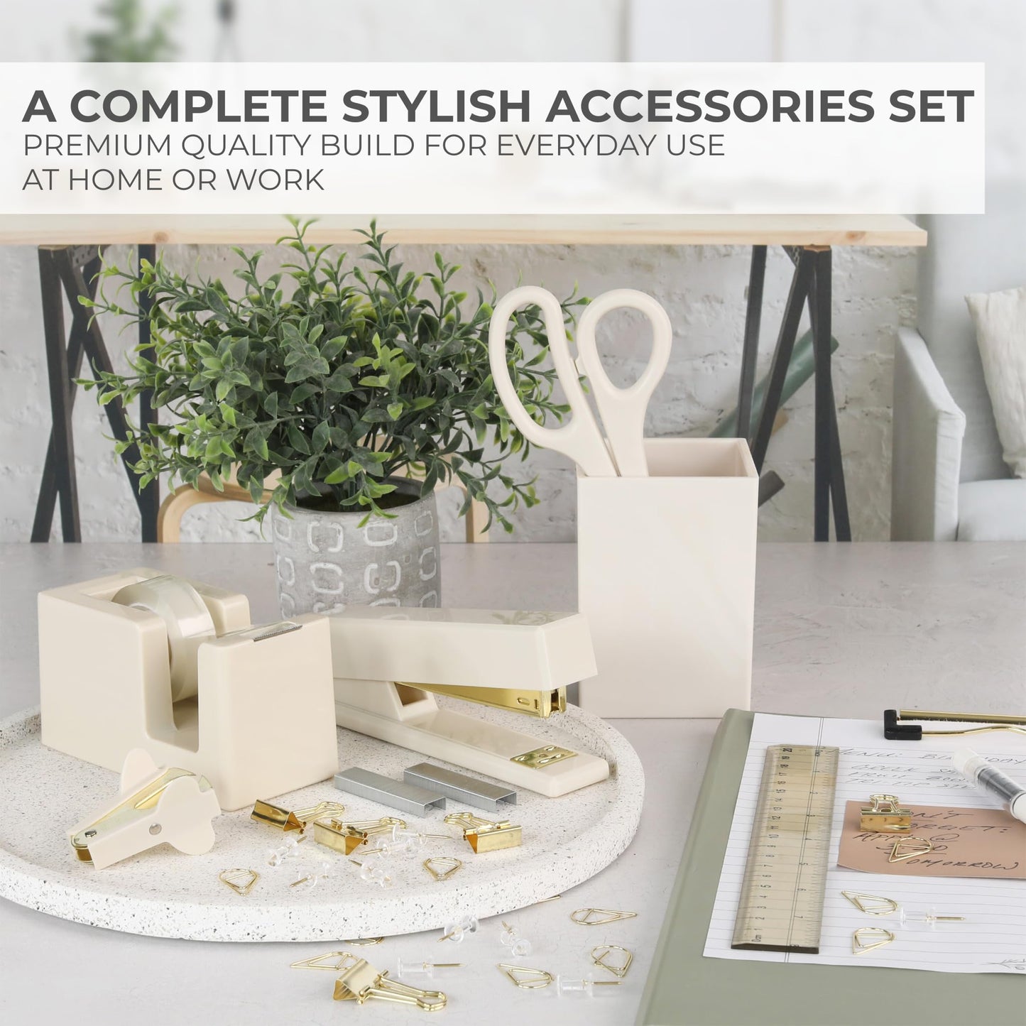 Aesthetic Desk Accessories Set - A Complete Desktop Organizer Set For Women Enhances Any Office Decor - An Office Supplies Kit w Gold Finish incl. Pen Holder, Scissors, Stapler, Tape Dispenser & More