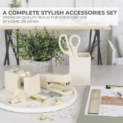 Aesthetic Desk Accessories Set - A Complete Desktop Organizer Set For Women Enhances Any Office Decor - An Office Supplies Kit w Gold Finish incl. Pen Holder, Scissors, Stapler, Tape Dispenser & More