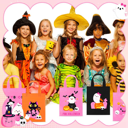 Toulite 24 Pcs Halloween Non Woven Bags with Handle Bulk Reusable Holiday Gifts Bags Ghost Pumpkin Spider Goodies Treat Candy Tote Pouch for Halloween Party Favors Wrapping Supplies, 7.9 x 9.8 Inch