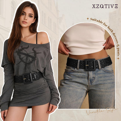 XZQTIVE Women Wide Belt for Dresses Fashion Thick Braided Leather Belts with Square Buckle, Woven Waistband for Ladies, Black(Fit Waist Size Below 27'')