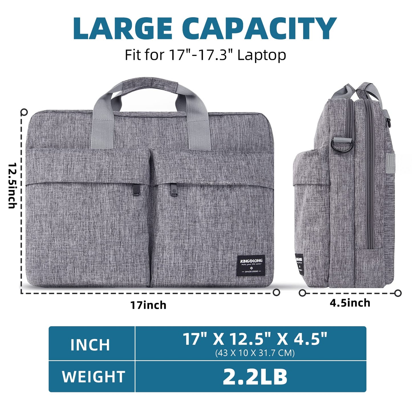 KINGSLONG 17.3 inch Laptop Briefcase Bag, Laptop Shoulder Bag for Men Women, Water Resistant Business Crossbody Bag with Shoulder Strap, Computer Bag for Asus Acer Dell Thinkpad, Grey