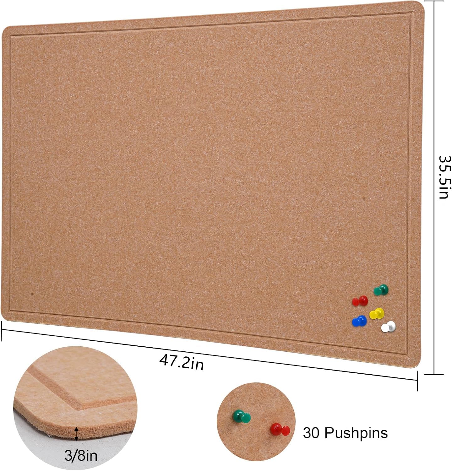 Large Bulletin Board, 48 X 36 inches Cork Board with 30 Pushpin, 4' x 3' Felt Cork Board Notice Pin Board, Self-Adhesive Vision Board Mood Board Foldable Photo Board for Wall - Ginger Yellow