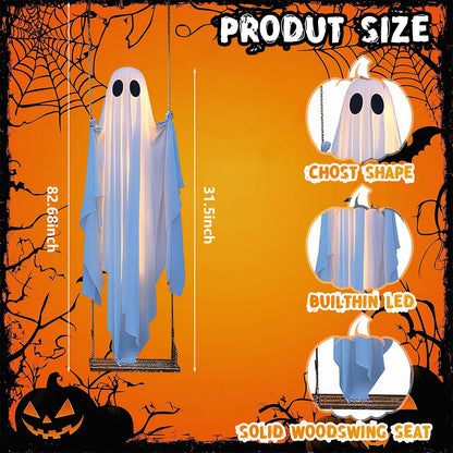 TitTees Halloween Decorations Outdoor, 5FT Large Hanging Ghost Swing with Remote Control String Lights, Spooky Cute Ghosts Decorations for Tree Porch Yard Garden Lawn