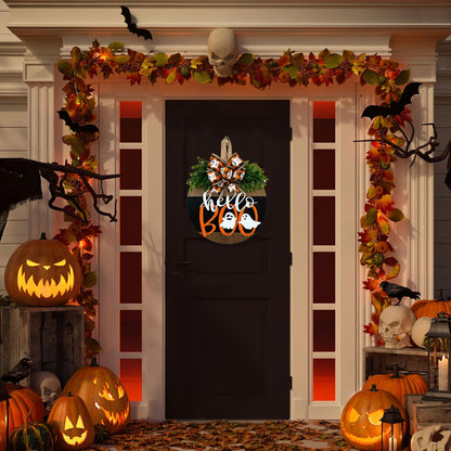 Halloween Ghost Wreath, Wooden Halloween Ghost Door Sign Wreath Decorations for Front Door Hanger
