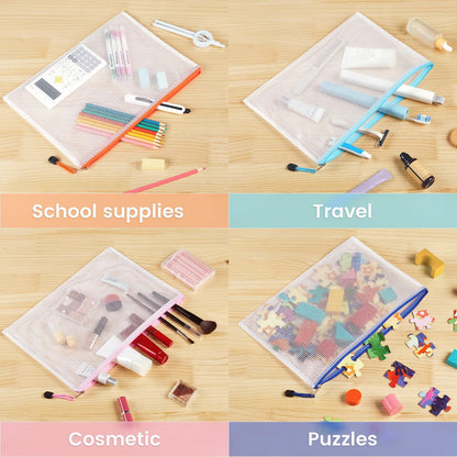 Sooez 24 Pack Mesh Zipper Pouch with Sticky Labels, A4 Mesh Bags, Sturdy Letter Size File Folders Organizer, Office School Classroom Teacher Supplies, Toy Storage Bag Board Game Puzzles Organization