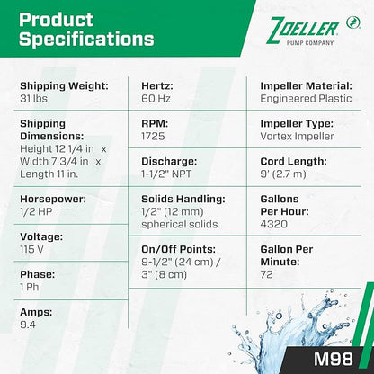 Zoeller M98 Flow-Mate Sump Pump - 1/2 HP - Cast Iron - LED Power Plug - High Flow - Vortex Impeller - Stainless Steel Hardware - Factory Tested and Float Operated - Submersible Sump Pump - 115V