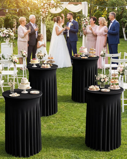 KeyWave Cocktail Table Tablecloth with Skirts - 32x43 Inch Wavy Spandex High Top Cocktail Table Covers, Ruffle Drape Highboy Tablecloth Reusable for Party Wedding Cake Standing Table, Black, 6 Pack