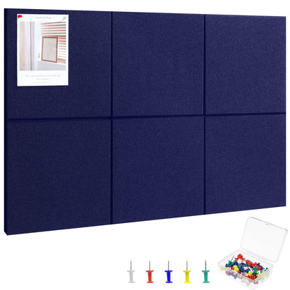 Large Cork Board 36" x 24", 6 Pack Felt Bulletin Board with 30 Pushpins, Cork Boards Alternative with Self-Adhesive Strips, Felt Wall Tiles Pin Boards for Walls Office Home School Decor-Dark Blue