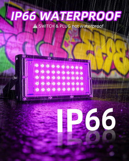 THECHAM 50W LED Black Lights IP66 Waterproof Black Light Outdoor with 6ft Plug+Switch,Flood Blacklight for Halloween Glow in The Dark Party Stage Light Neon Glow Birthday 1 Pack