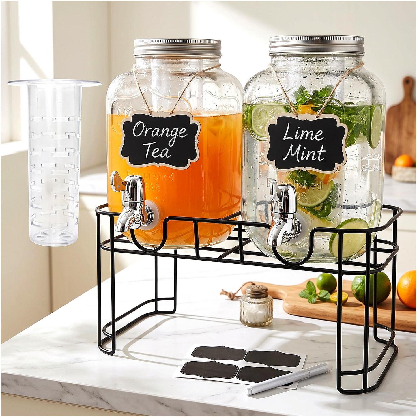 1-Gallon Glass Beverage Dispenser,Accguan Drink Dispenser with Tin Lid and Leak Free Spigot,Black Iron Frame,Mason Drink Dispenser for Parties, Picnics, Barbecues and Daily,2 pack