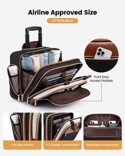 LOVEVOOK Rolling Laptop Bag Women, 17.3 Inch Laptop Briefcase with Wheels, Soft Sided Underseat Carry On Luggage Personal Item Suitcase for Work Travel Business, Black Brown Beige