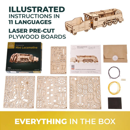 UGEARS Mini Locomotive 3D Wooden Puzzles for Adults - Wood Models for Adults to Build - Easy DIY Crafts for Adult Wooden Train Model Kit - Rubber Band-Powered Mechanical Puzzles