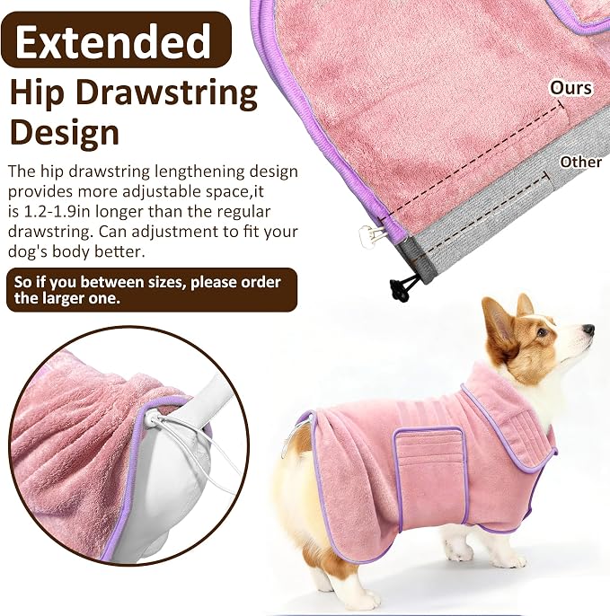 Soft Dog Bathrobe Fast Drying Dog Coat, Super Absorbent Dog Towels for After Bath, Microfiber Pet Robe Adjustable Collar & Belly Warm Keeping Dogs Coat for Pet Dogs & Cats (Pink, 3X-Large)