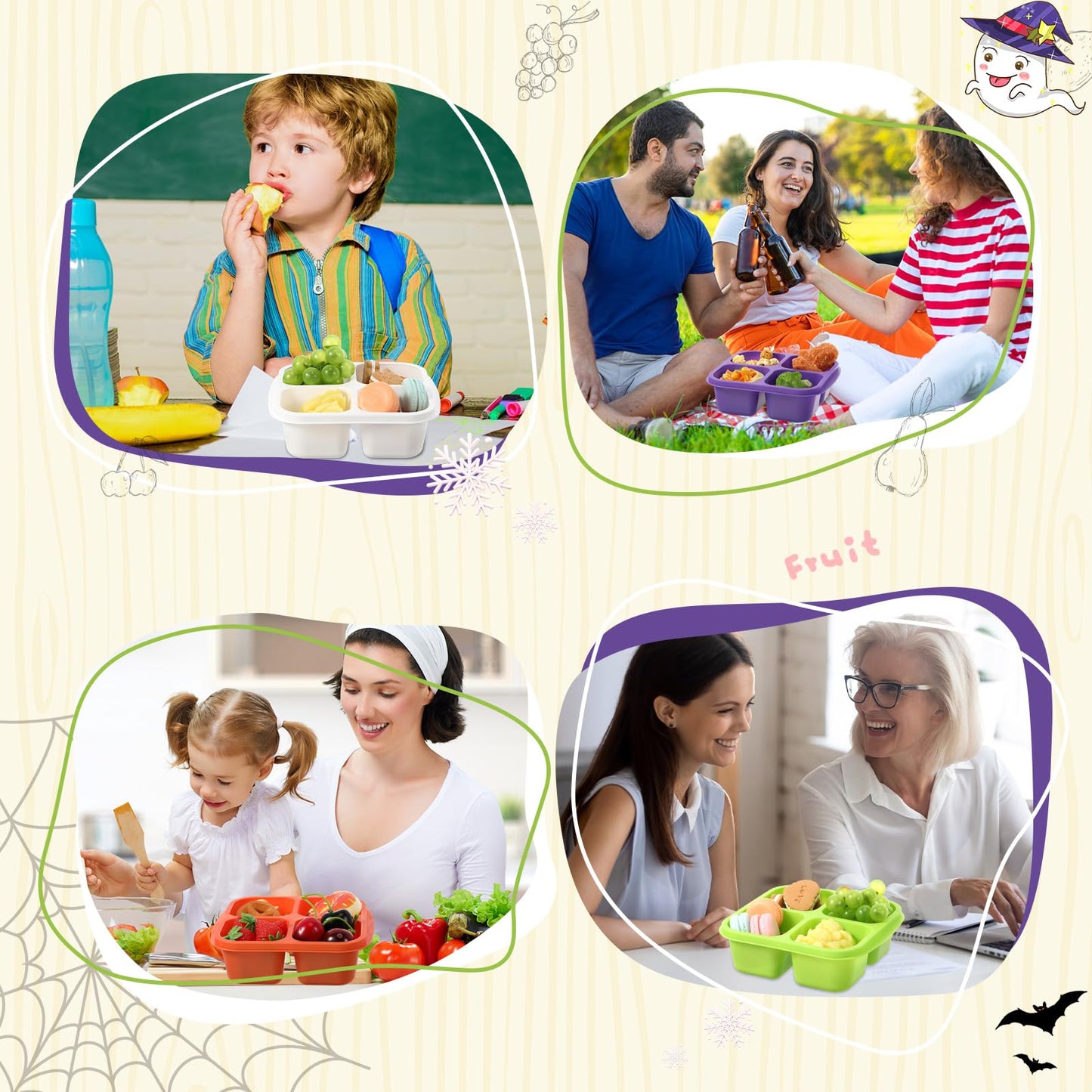 Honeydak 5 Pack Snack Containers 4 Compartment Bento Snack Boxes Reusable Lunchable Containers with Lids Divided Meal Prep Lunch Food Storage Box for School Work Travel(Halloween,Equal)