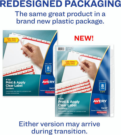 Avery 8 Tab Dividers for 3 Ring Binder, Easy Print & Apply Clear Label Strip, Index Maker Customizable White Tabs, 10-Pack of 5 Sets, 50 Sets Total (11437)