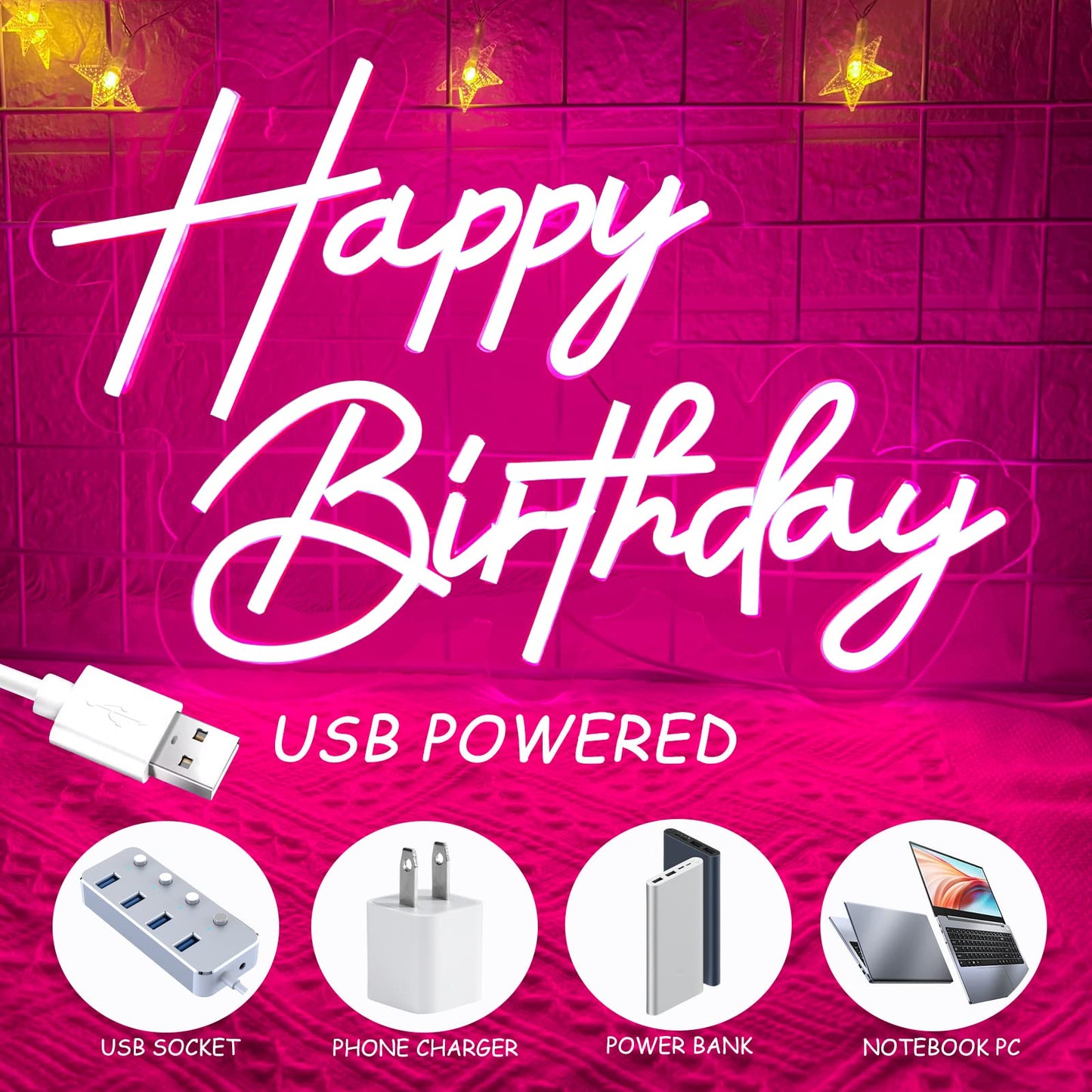 Happy Birthday Neon Sign for Wall Decor, Warm White LED Neon Light Signs, Art Decoration Happy Birthday Neon Light Sign for All Birthday Party Decoration with 2 Pcs Pasters (17×12 Inch)