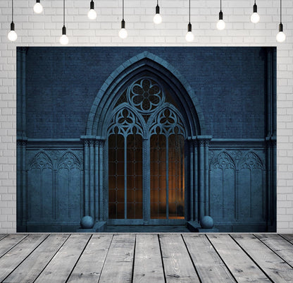 BELECO 8x6ft Fabric Dark Medieval Castle Backdrop Abandoned Night Castle Crypt Gothic Arch Window Grey Arch Wall Background Medieval Themed Party Decoration Ghost Vampire Halloween Shoot Photo Prop