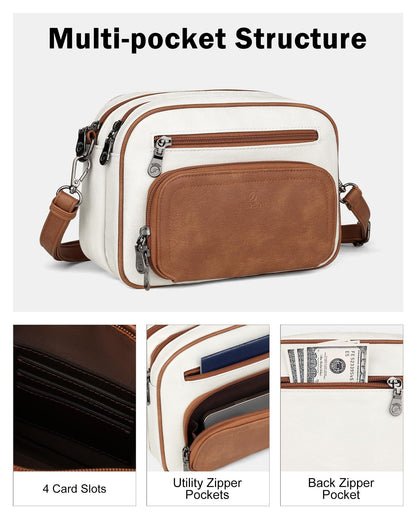 FADEON Crossbody Bags for Women Multi-pocket Leather Crossbody Purses, Designer Shoulder Bag Adjustable Removable Strap