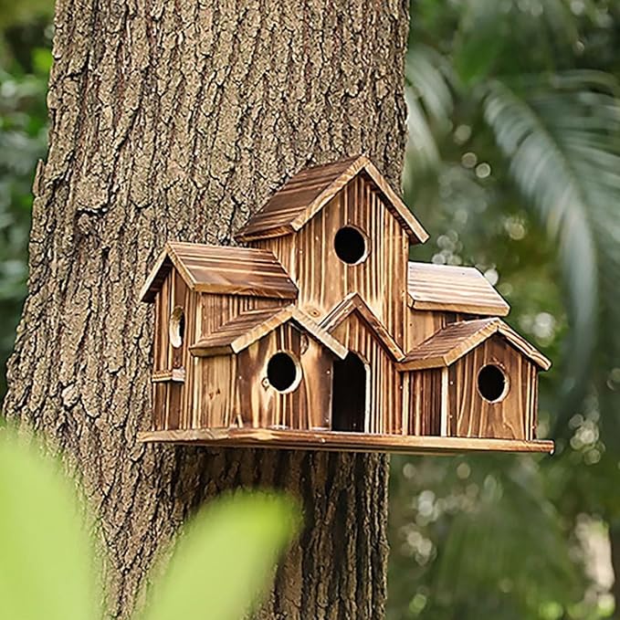 6 Hole Handmade Bird House, Bird Houses for Outside, Hummingbird House, Hanging Nest Box for Birds, Outdoor Wooden Birdhouses for Outside, Backyard, Garden, Patio, Nature Lovers Gift (2pcs)