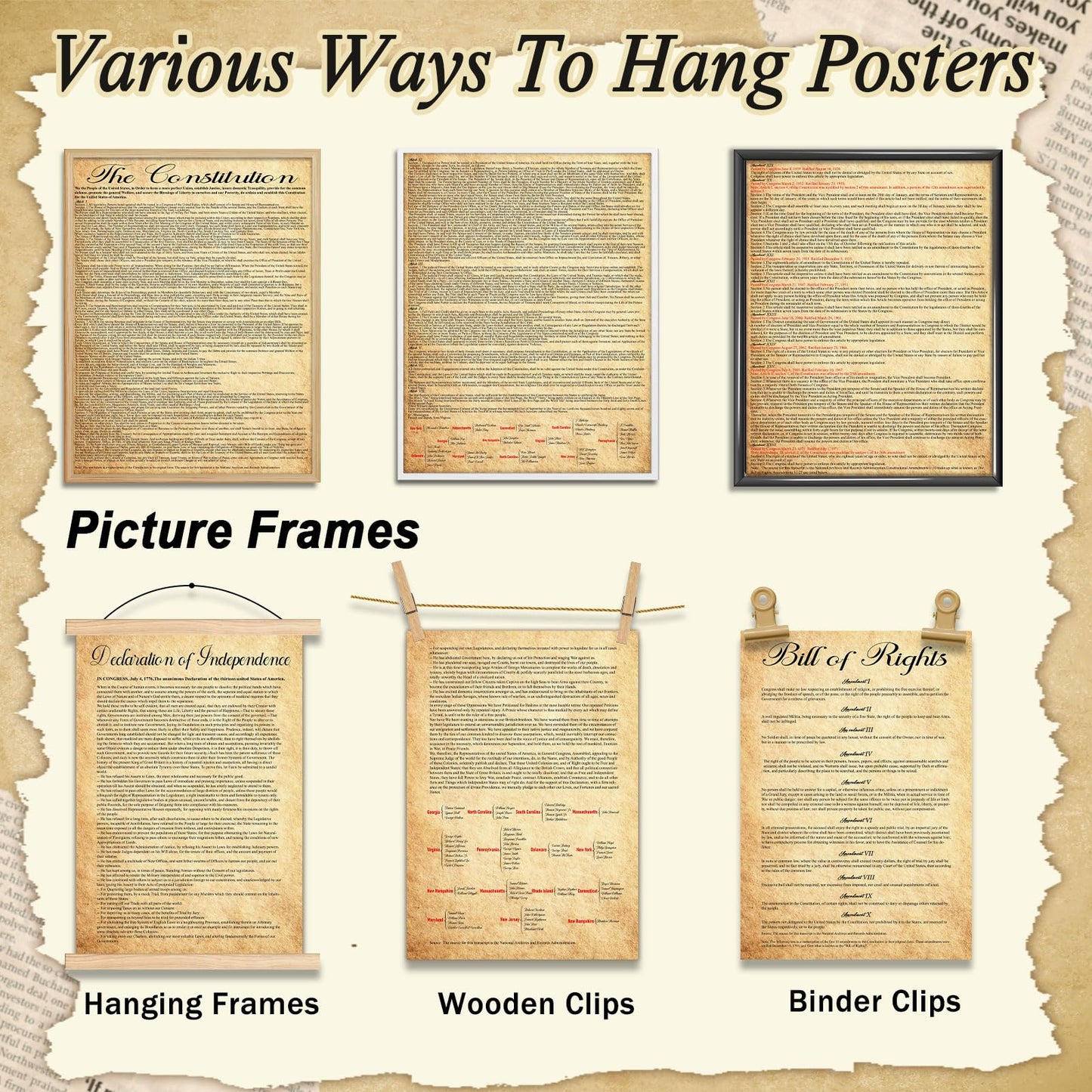 7Pcs American Founding Documents Poster US Constitution with All Amendments, Declaration of Independence and Bill Of Rights Posters Vintage US History Wall Prints for Classroom School Home Office
