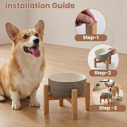 hjn Elevated Ceramic Dog Bowl with Bamboo Stand, Raised Pet Feeding Station for Small Medium Dogs Cats, Modern Design with Anti-Slip Base (White Gray, 3.6Cup)