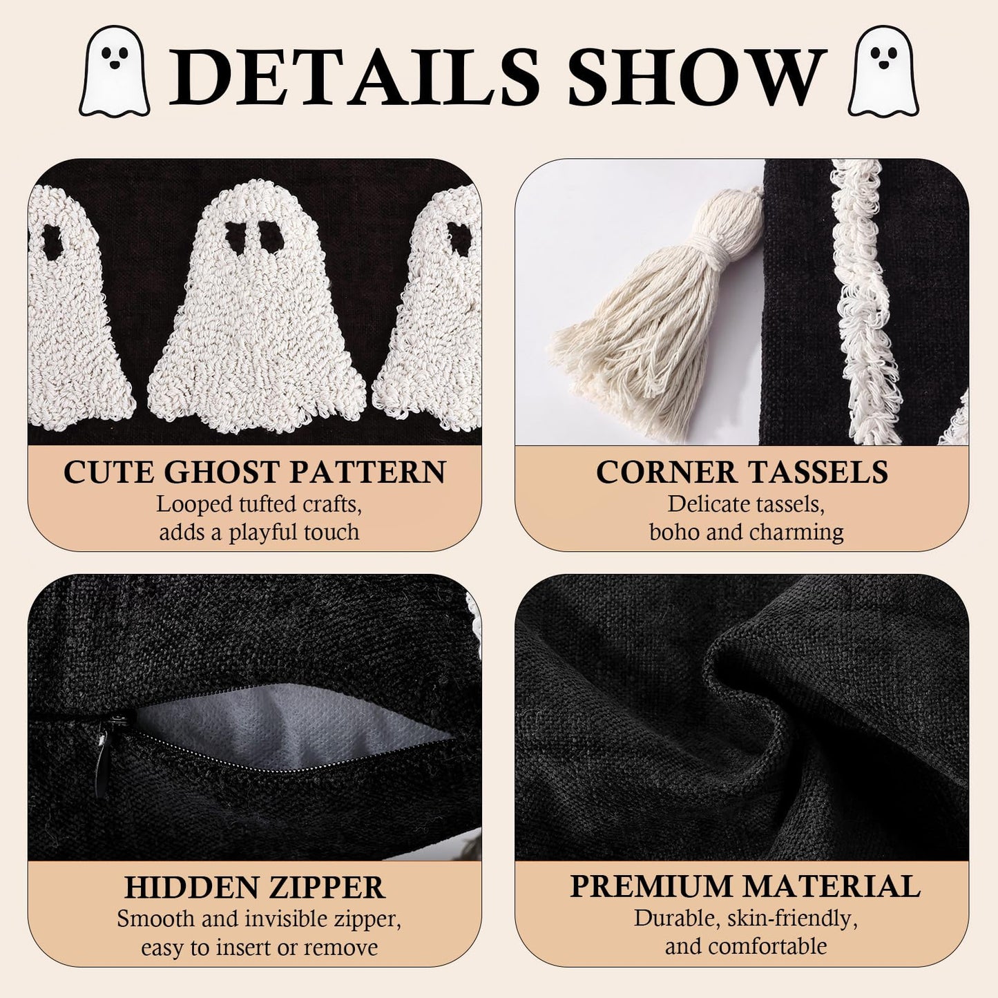 Bunny Chorus Halloween Lumbar Pillow Cover: Black and White Ghost Pillow Covers with Tassels, Cotton Linen Halloween Throw Pillow Covers 15x20 for Couch Sofa Bed, Cute Halloween Home Decorations