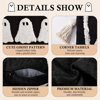 Bunny Chorus Halloween Lumbar Pillow Cover: Black and White Ghost Pillow Covers with Tassels, Cotton Linen Halloween Throw Pillow Covers 15x20 for Couch Sofa Bed, Cute Halloween Home Decorations