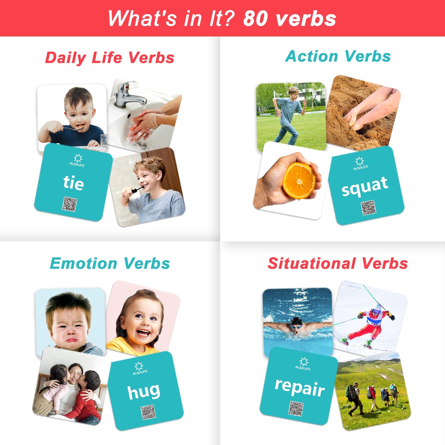 ALSOLIFE 80 Verb Cards Speech Therapy, Videos for Fun Learning, Sturdy and Durable Action Verbs Flash Cards for Kids, Speech Therapy Materials for Autism Non Verbal Autistic Kids Ages 4-8