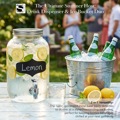 Style Setter Bristol Beverage Dispenser with Blackboard and Ice Bucket Stand Cold Drink Wine Juice with 1 Gallon Capacity Glass Jug and Leak-Proof Acrylic Spigot Great for Parties, Weddings and More