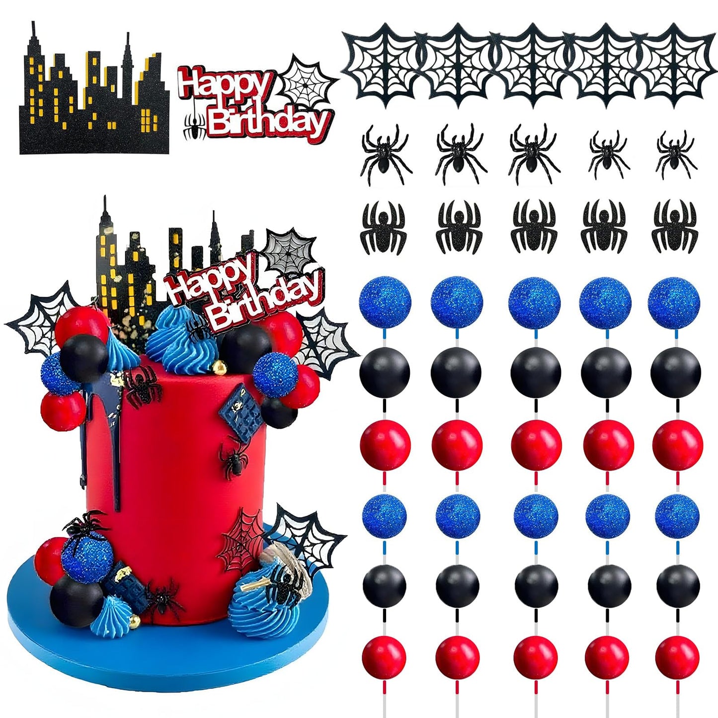 SWIMDOG 48 PCS Superhero Birthday Cake Topper Decorations, Spider Themed Party Favors Cupcake Cake Decoration