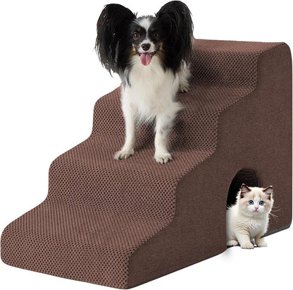 Dog Stairs for Bed 19.5’’ H, 4-Step Dog Steps for High Bed, Pet Stairs for Small Dogs and Cats to Get on Beds, Couch, Non-Slip Balanced Pet Steps and Ramp with Waterproof Cover and Tunnel, Brown