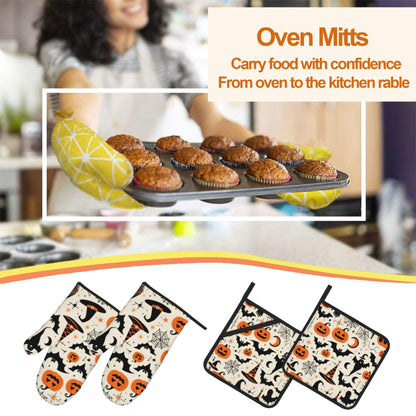 Halloween Pumpkin Bat Pattern Oven Gloves and Hot Pads Set - Heatproof Hand Protection for Baking, Grilling, Cooking 4Pcs