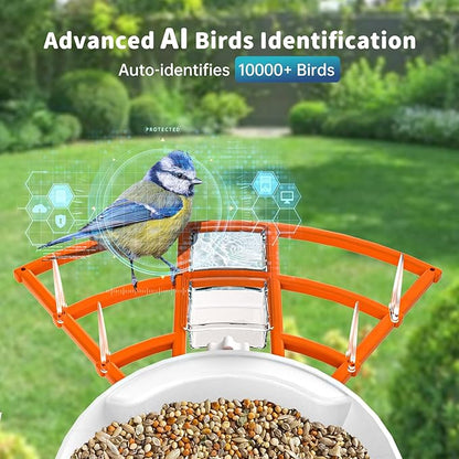 Smart Bird Feeder with Camera Solar Powered & AI Bi rd Identification, 2.4Ghz WiFi Bird feeders for Outdoors, 2K Live Video, Instant Arrival Alerts - Orange