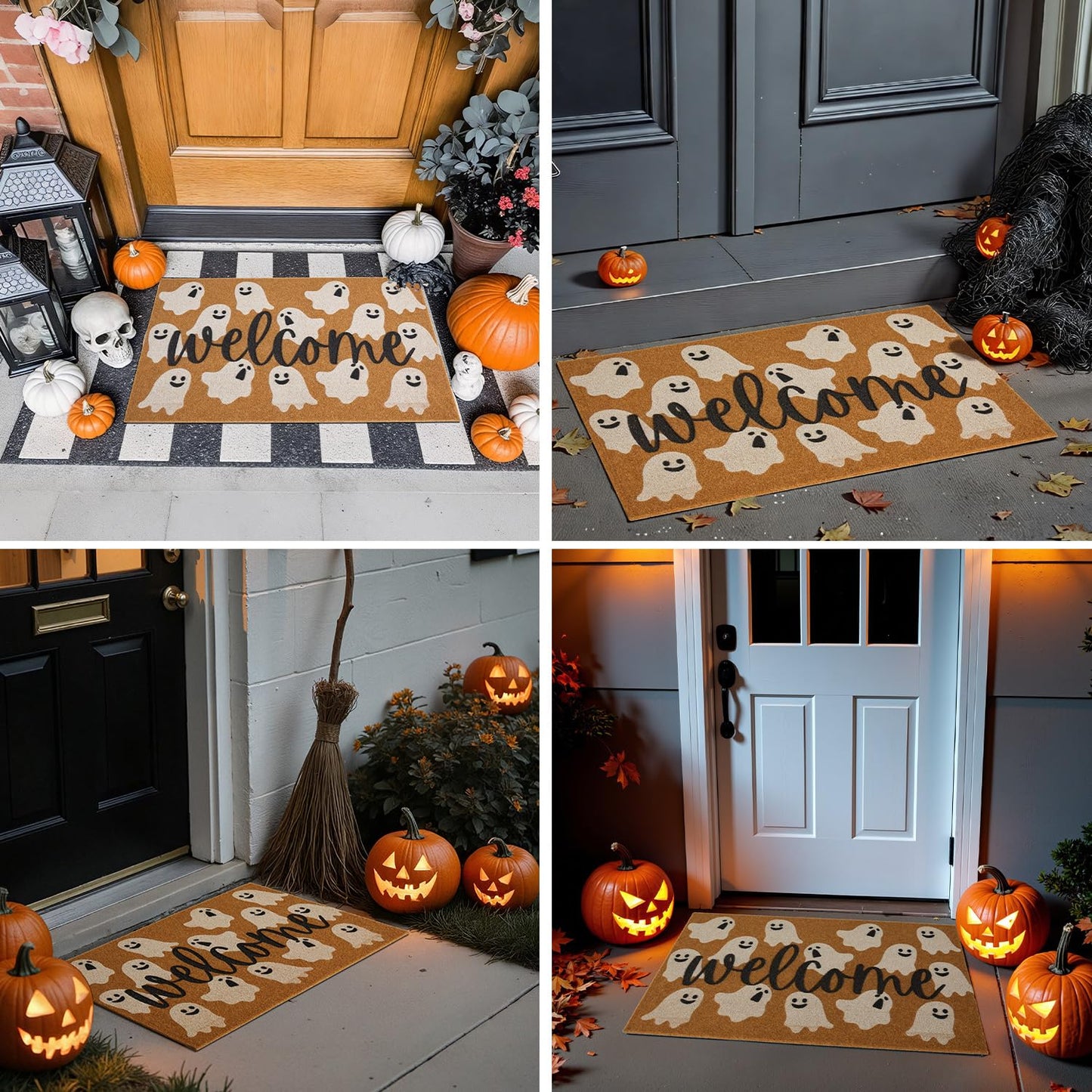 TYUU Halloween Door Mat Spooky Ghost Welcome Mat for Front Door Outdoor Entrance Doormat Coir Dirt Trapper with Non Slip Backing, 17x30, Welcome Ghost