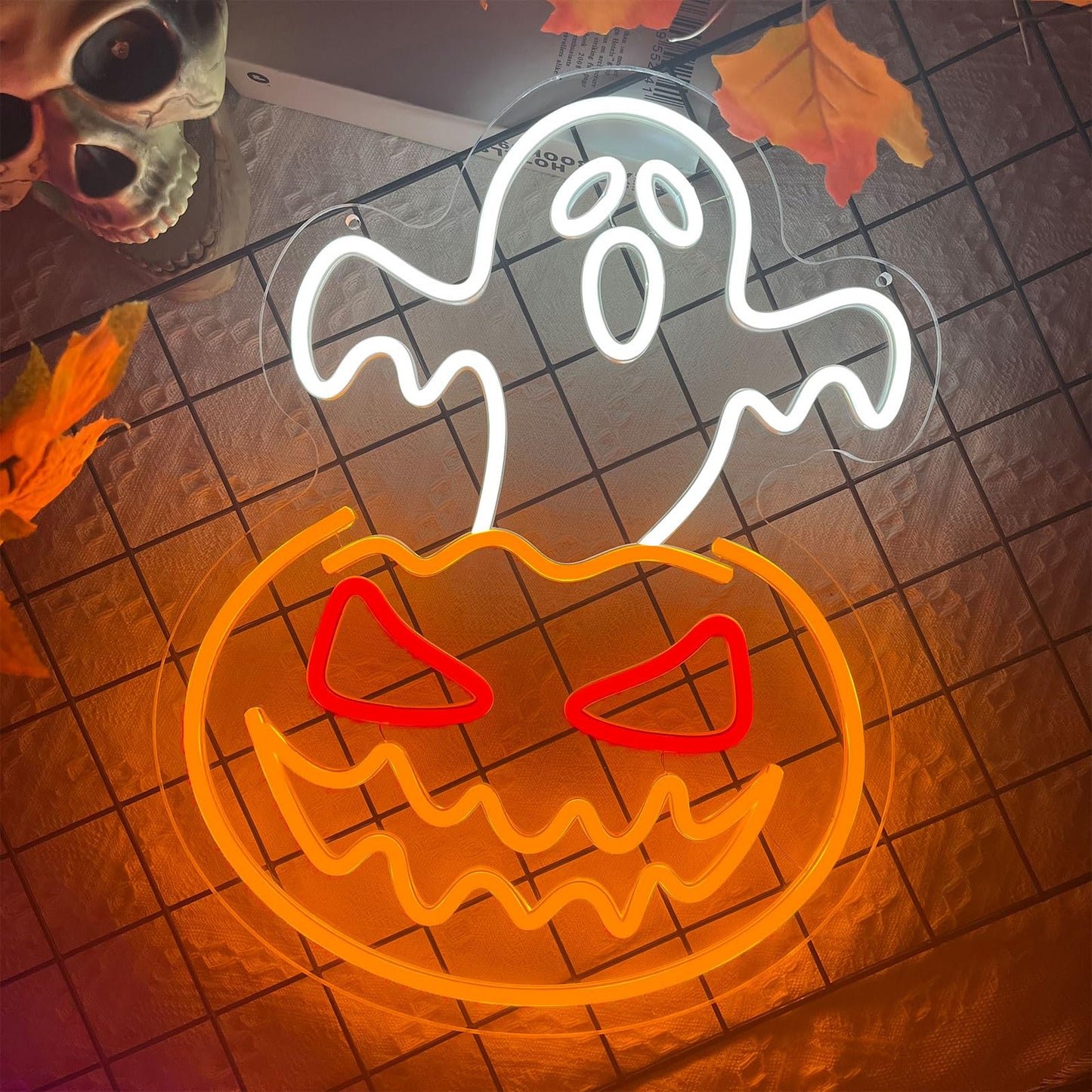 Halloween Ghost Pumpkin Neon Sign,Ghost Face Neon Light Spooky Pumpkin Neon Light Up Signs Dimmable LED Halloween Skull LED Sign for Bedroom Game Room Mancave Bar Halloween Party