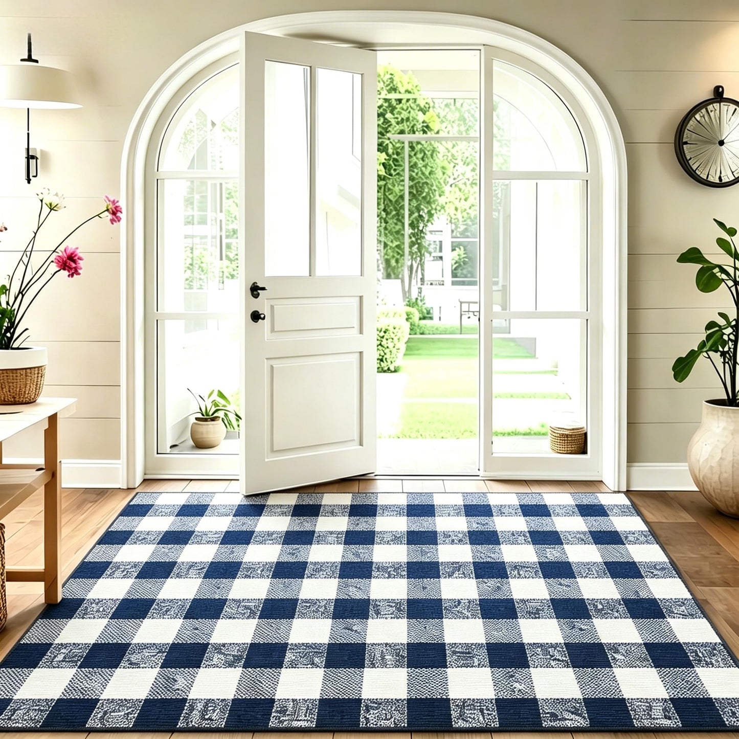MUBIN Cotton Buffalo Plaid Rug, 4' x 6' Navy Blue White Outdoor Rug Decorative Mat, Washable Large Doormat Hand-Woven Foldable Area Rug for Outdoor Patio Indoor Living Room Dining Room Kitchen