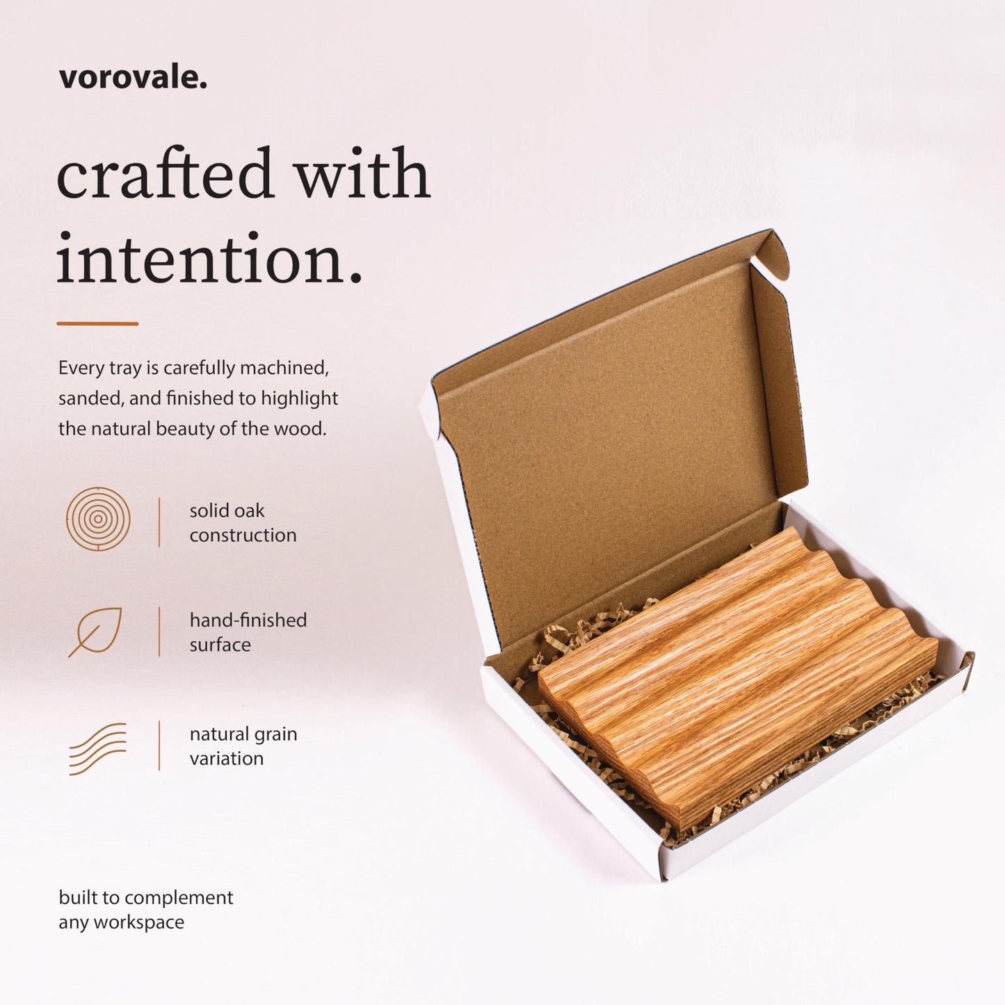 Vorovale Solid Oak Pen Tray, Minimalist Desk Organizer, Natural Wood Pen Holder with Rounded Wavy Channel, Handcrafted Office Accessory