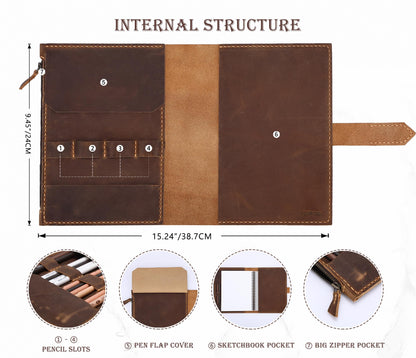 Fasjosma Leather Sketchbook Cover for A5/5.5"x8.5" sketch pads - Handmade Genuine Leather Artist Case with Pencil Holder & Zipper Pocket, Professional Drawing Supplies (Brown, 5.5"x8.5")