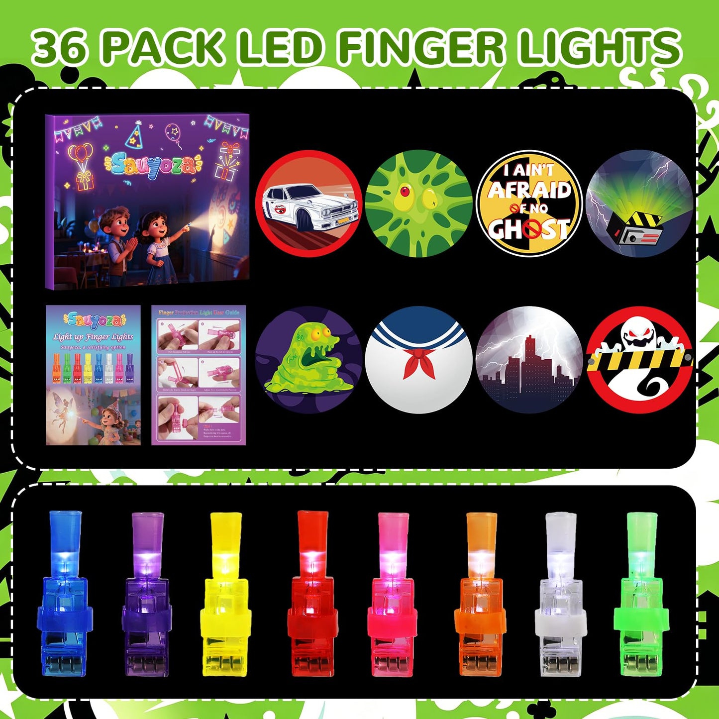 Sauyoza 36 Pack Green Ghost Party Favors LED Finger Lights for Kids, Green Ghost Themed Goodie Bag Stuffers, Classroom Treasure Box Prizes, Glow in the Dark Ghost Party Supplies
