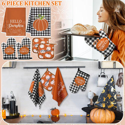 Leinuosen 6 Pack Fall Thanksgiving Kitchen Set with 2 Hello Pumpkin Dish Towels, 2 Pot Holders and 2 Buffalo Plaid Oven Mitts for Gifting, Baking and Cooking