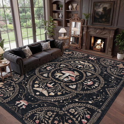 Garvee Mushroom 9x12 Area Rugs for Living Room, Dark Academia Gothic Rug, Non Slip Animal Print Washable Rugs 9x12 Low Pile Bedroom Decor Bug Carpet with Rubber for Dining Room Playroom Office, Black