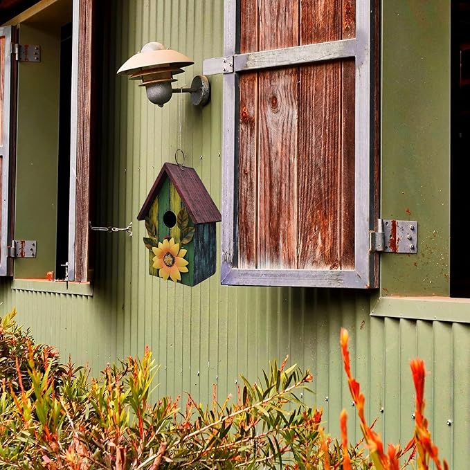 Wood Bird House for Outside, Hanging Bluebird House Nest Box Garden Patio Outdoor Decorative Bird House Vintage Rustic Wooden Birdhouse Bird Box for Finch Wren Chickadee Cardinals