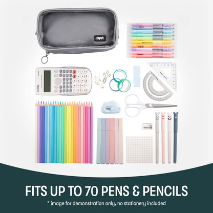 ZIPIT Half & Half Pencil Case, 3 Compartment Zipper Pouch for School, Stationery Bag for Teen Girls Boys and Adults, Grey