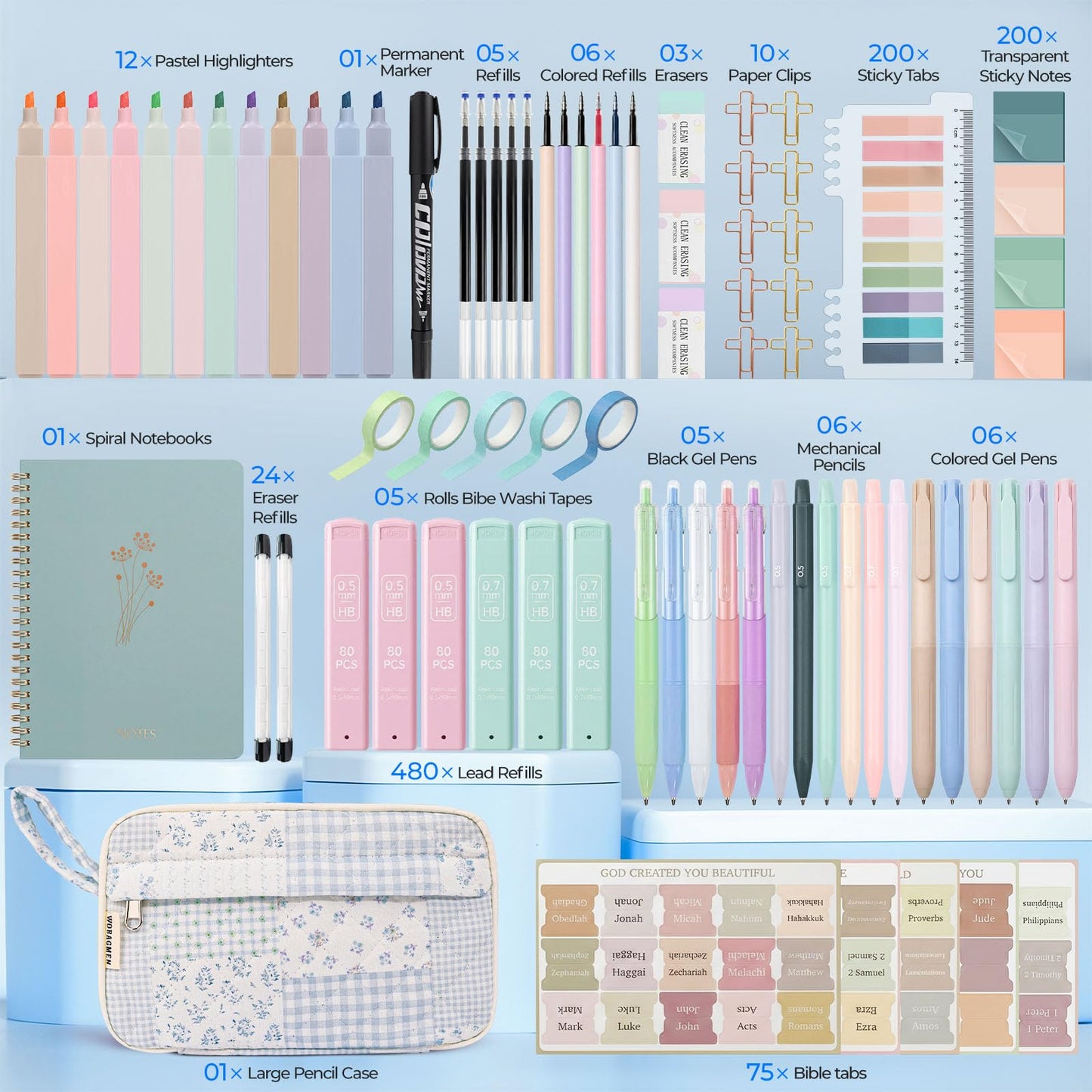 WOBAGMEN 76PCS Bible Study Supplies Kit for Women, Journaling Set with No Bleed Highlighters, Laminated Bible Tabs,Notebook, Quilted Pencil Case, Bible Accessories Set Beginner Christian Gifts