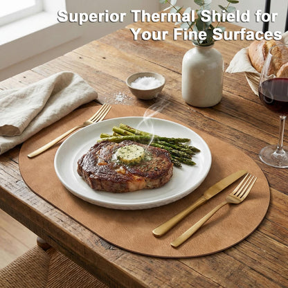 BIPASION Oval Placemats 2mm Ultra Thick Faux Leather Table Mats, Heat Resistant Waterproof Wipeable Dining Mats for Kitchen Table, Set of 6, Soft Apricot